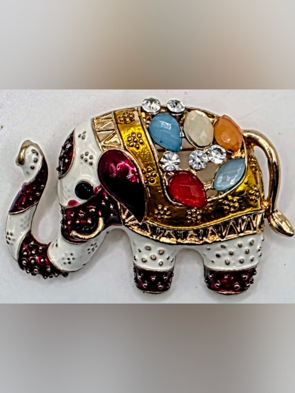 Elephant Brooch Red Enamel Rhinestone Gold Tone Lucky Animal Statement Pin